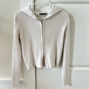 Brandy Melville White Ribbed Zip-Up Hoodie